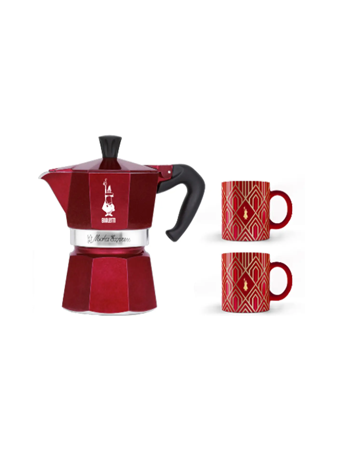 BIALETTI | Espressokocher MOKA Express Set 6 Tassen + 2 Becher Deco Glamour Dkl Rot / Gold | dunkelrot