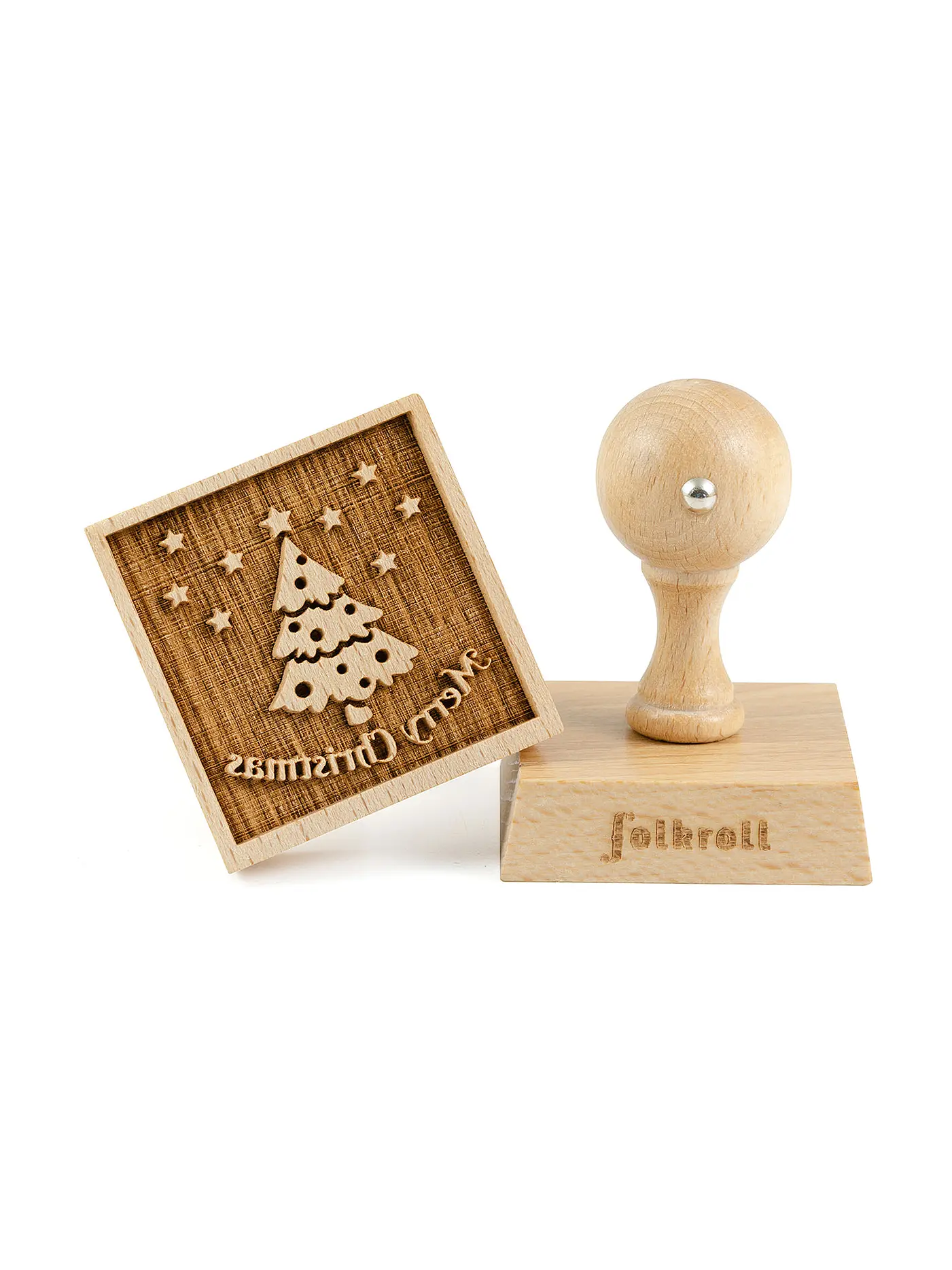 FOLKROLL | Keksstempel Merry Christmas 55x55mm Buche / 3D-Motiv | hellbraun