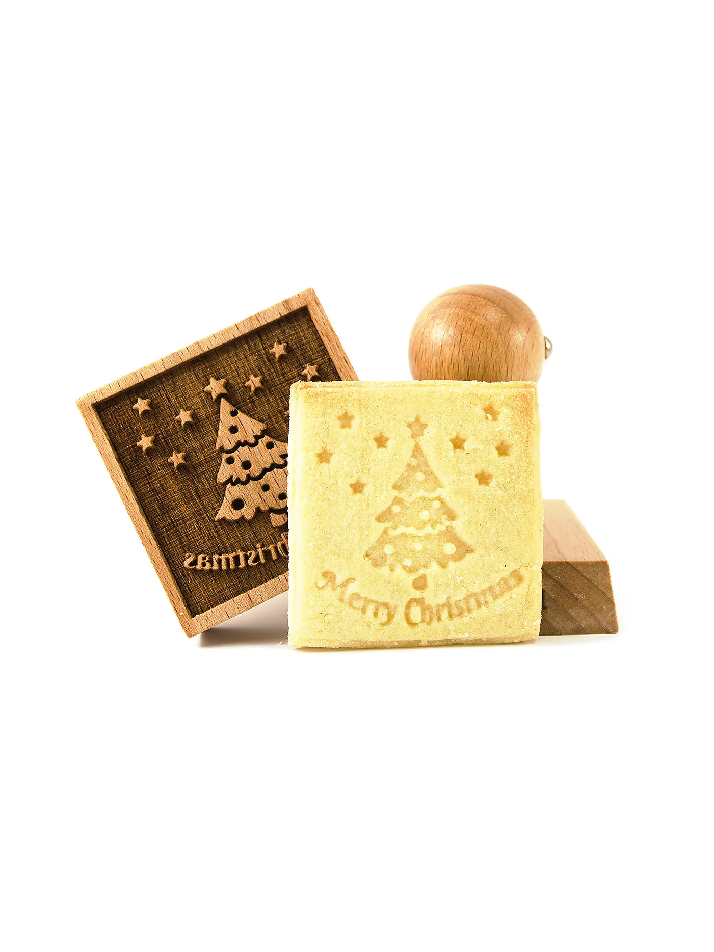 FOLKROLL | Keksstempel Merry Christmas 55x55mm Buche / 3D-Motiv | hellbraun