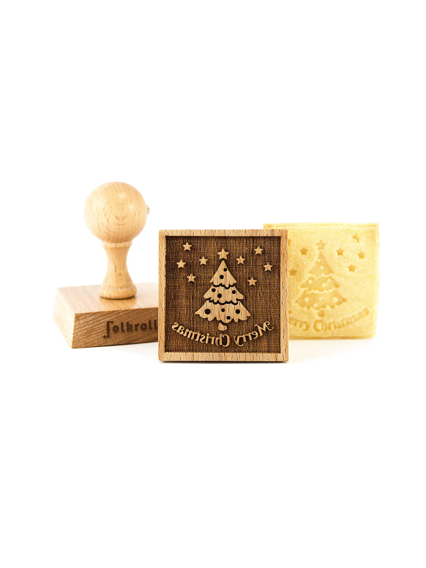 FOLKROLL | Keksstempel Merry Christmas 55x55mm Buche / 3D-Motiv | hellbraun