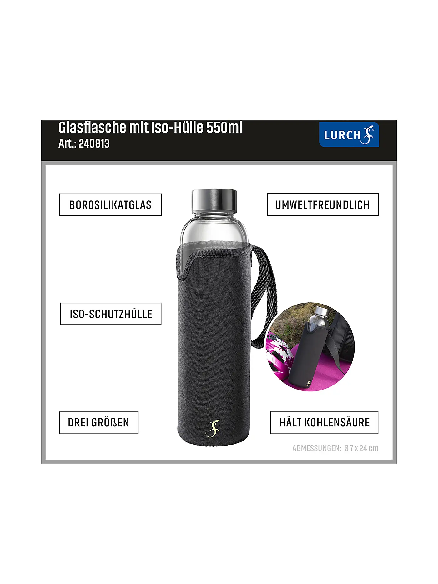 LURCH | Glasflasche mit Iso-Hülle 0,55l schwarz | transparent