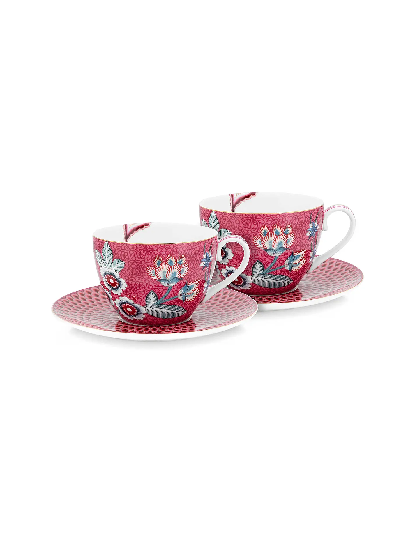 PIP STUDIO | Cappuccinotassen Set mit Untertasse 2er 280ml Flower Festival Dark Pink | beere