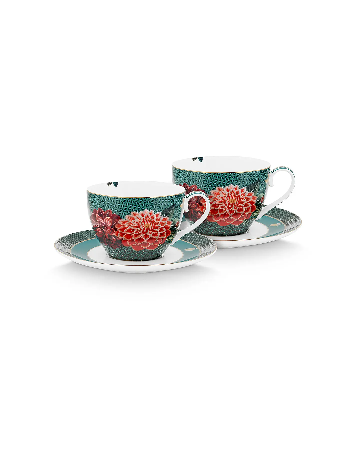 PIP STUDIO | Cappucino Tassen mit Untertassen 2er 280ml WINTER WONDERLAND Dove Green | petrol