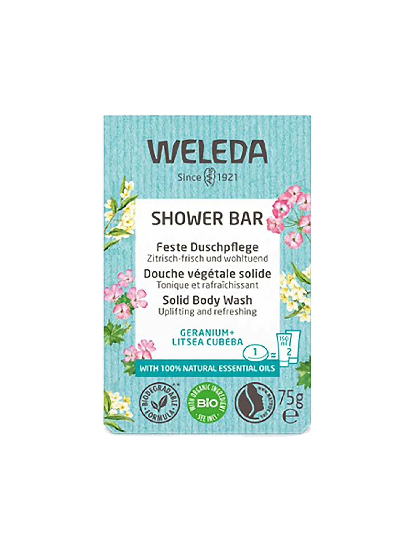WELEDA | Feste Duschpflege Geranium+Litsea Cubeba 75g | hellblau